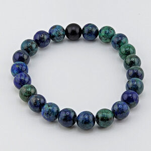 Crucible Mens Polished Azurite, Matte Onyx Beaded Stretch Bracelet 10.5MM W